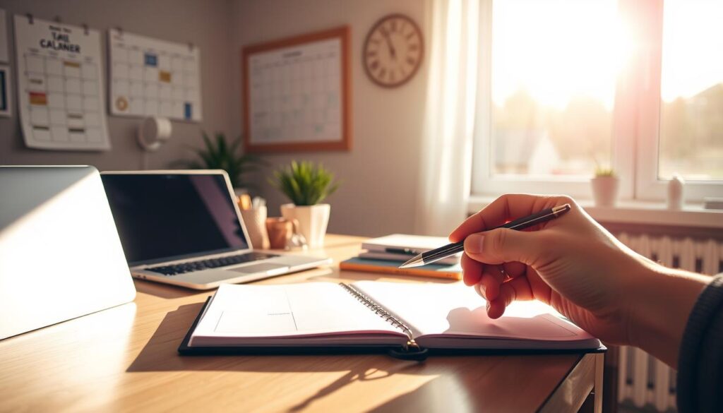 An organized desk with a laptop, planner, and various office supplies, bathed in warm, natural light streaming through a large window. In the foreground, a hand holds a pen, poised over the planner, symbolizing the act of scheduling and time management. The middle ground features a wall calendar and a to-do list, emphasizing the importance of planning and prioritizing tasks. The background showcases a peaceful, minimalist home office setting, promoting a sense of focus and productivity.