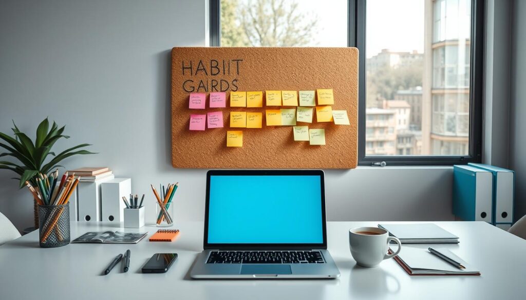 An organized workspace with a sleek, minimalist design. In the foreground, a desktop with a laptop, various stationery, and a cup of coffee. The middle ground showcases a cork board adorned with colorful sticky notes, representing different habit-building strategies. In the background, a large window allows natural light to flood the space, creating a serene and productive atmosphere. The lighting is soft and diffused, casting subtle shadows and highlights to emphasize the clean lines and efficient layout. The camera angle is slightly elevated, providing a birds-eye view of the workspace, conveying a sense of order and control over the process of habit stacking.
