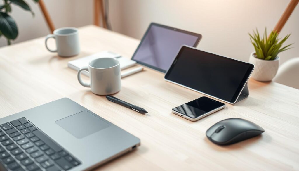 An organized workspace with various digital productivity tools arranged on a modern, minimalist desk. In the foreground, a sleek laptop, wireless mouse, and stylish smartphone stand out against a light-colored wooden surface. The middle ground features a tablet device and a premium-looking notebook alongside a well-designed coffee mug. In the background, a clean, well-lit environment with subtle hints of nature, such as a potted plant, creates a calming and focused atmosphere. The overall scene is illuminated by soft, natural lighting, captured with a crisp, high-resolution lens to showcase the refined, efficient, and aesthetically pleasing digital tools that enable productive workflows.