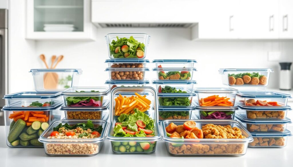 Arrange a neat display of high-quality, modern-looking keto meal prep containers in a clean, well-lit kitchen setting. The containers should be made of durable, transparent materials, showcasing the healthy, nutritious meals inside. Place the containers on a sleek, minimalist countertop or table, creating an organized and visually appealing arrangement. Use soft, natural lighting to highlight the textures and colors of the containers and the food. Capture the containers from a slightly elevated angle, emphasizing their clean, functional design and the enticing meals they hold, conveying a sense of efficiency and wellness associated with a successful keto lifestyle. Arrange a neat display of high-quality, modern-looking keto meal prep containers in a clean, well-lit kitchen setting. The containers should be made of durable, transparent materials, showcasing the healthy, nutritious meals inside. Place the containers on a sleek, minimalist countertop or table, creating an organized and visually appealing arrangement. Use soft, natural lighting to highlight the textures and colors of the containers and the food. Capture the containers from a slightly elevated angle, emphasizing their clean, functional design and the enticing meals they hold, conveying a sense of efficiency and wellness associated with a successful keto lifestyle.