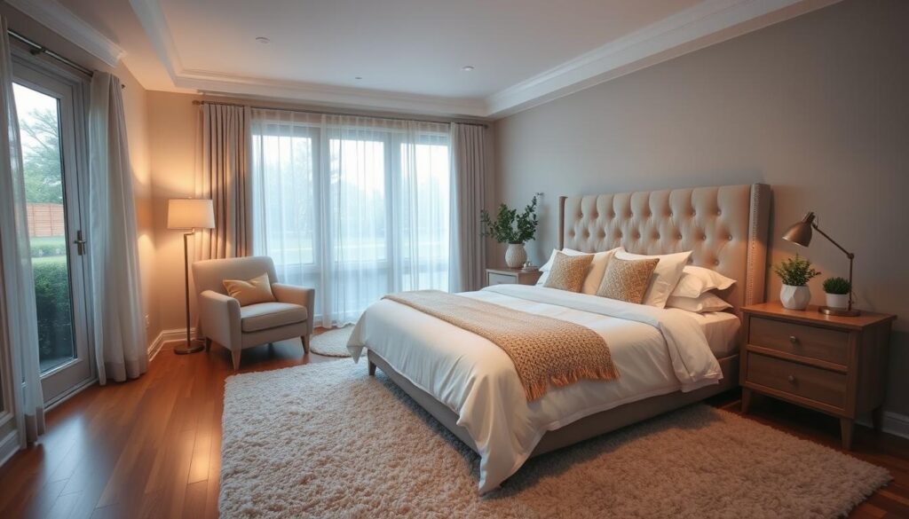 Cozy bedroom with soft, warm lighting and a soothing color palette. Plush king-size bed with a tufted headboard, crisp white linens, and a knitted throw blanket. Bedside tables with a reading lamp and a small potted plant. In the corner, a comfortable armchair and a floor lamp, creating a cozy nook for relaxation. Large windows with sheer curtains, letting in natural light and offering a view of a tranquil garden outside. Hardwood floors covered by a plush, neutral-toned area rug. Overall, the space exudes a calming, inviting atmosphere perfect for restful sleep. Cozy bedroom with soft, warm lighting and a soothing color palette. Plush king-size bed with a tufted headboard, crisp white linens, and a knitted throw blanket. Bedside tables with a reading lamp and a small potted plant. In the corner, a comfortable armchair and a floor lamp, creating a cozy nook for relaxation. Large windows with sheer curtains, letting in natural light and offering a view of a tranquil garden outside. Hardwood floors covered by a plush, neutral-toned area rug. Overall, the space exudes a calming, inviting atmosphere perfect for restful sleep.