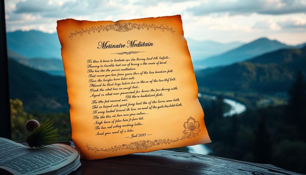 Personalized meditation script displayed on a parchment-like paper, illuminated by soft, warm lighting. The script is handwritten with elegant calligraphy, surrounded by a delicate floral border. In the background, a serene landscape with mountains, a winding river, and a peaceful forest. The composition evokes a sense of tranquility and introspection, inviting the viewer to immerse themselves in the guided meditation experience.