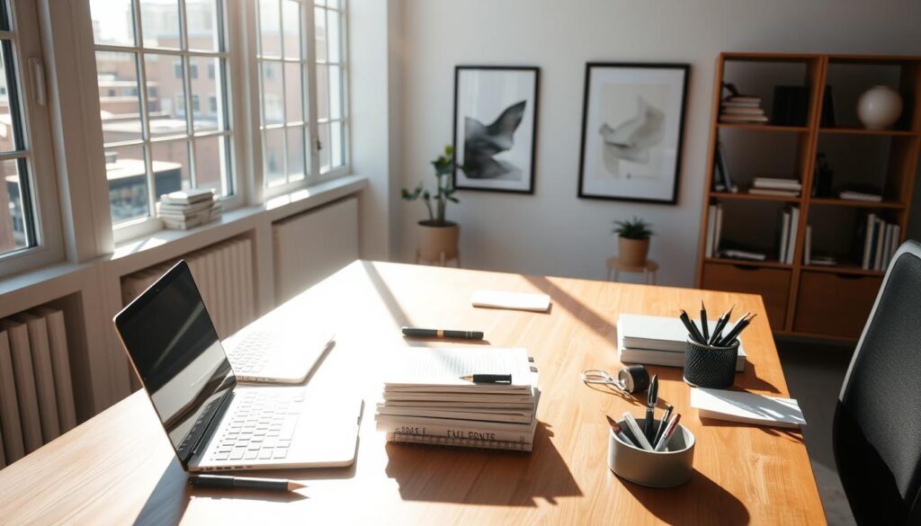 Productivity and Blog Post Structure: A clean, well-lit office setting with a laptop, notebook, and various stationery items arranged neatly on a wooden desk. Sunlight filters through large windows, casting a warm, focused glow on the workspace. In the background, a minimalist bookshelf and a framed piece of abstract art create a sense of balance and inspiration. The overall atmosphere conveys a productive, organized, and creative mindset, reflecting the importance of structuring a successful blog post. Productivity and Blog Post Structure: A clean, well-lit office setting with a laptop, notebook, and various stationery items arranged neatly on a wooden desk. Sunlight filters through large windows, casting a warm, focused glow on the workspace. In the background, a minimalist bookshelf and a framed piece of abstract art create a sense of balance and inspiration. The overall atmosphere conveys a productive, organized, and creative mindset, reflecting the importance of structuring a successful blog post.