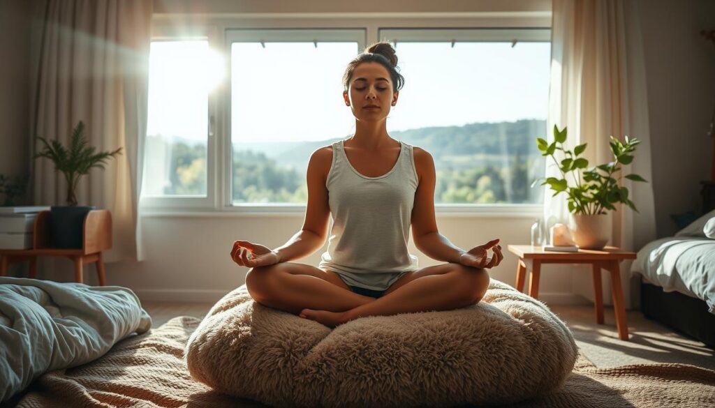 Serene morning sunlight filters through a cozy bedroom, illuminating a peaceful scene. In the foreground, a person sits cross-legged on a plush, earthy-toned meditation cushion, eyes closed in quiet contemplation. Surrounding them, plants and crystals adorn a wooden side table, conveying a sense of grounded spirituality. In the middle ground, a large window overlooks a lush, verdant landscape, hinting at the tranquility of nature beyond. The overall atmosphere is one of calm, mindful introspection - a perfect start to a purpose-driven day.