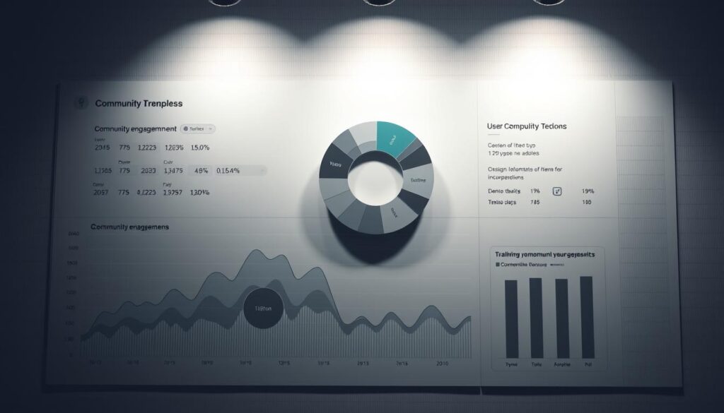 Sleek, minimalist data visualization dashboard showcasing community engagement metrics. In the foreground, a dynamic line graph charting user activity over time, with elegant information overlays. In the middle ground, a circular pie chart breaking down user demographics and engagement levels. The background features a subtle grid pattern, casting a soft, ambient glow. Subtle lighting from above casts dramatic shadows, highlighting the clean, modern design aesthetic. The overall mood is one of clarity, insights, and data-driven decision making. Sleek, minimalist data visualization dashboard showcasing community engagement metrics. In the foreground, a dynamic line graph charting user activity over time, with elegant information overlays. In the middle ground, a circular pie chart breaking down user demographics and engagement levels. The background features a subtle grid pattern, casting a soft, ambient glow. Subtle lighting from above casts dramatic shadows, highlighting the clean, modern design aesthetic. The overall mood is one of clarity, insights, and data-driven decision making.