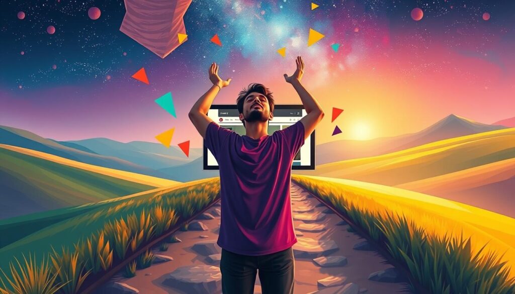 Vibrant digital painting of a person standing on a path, representing personal growth through content creation. The foreground features the figure, their eyes closed in contemplation, hands raised in a gesture of creativity. The middle ground showcases a computer screen displaying a blog post or video, surrounded by colorful geometric shapes and abstract patterns. The background depicts a lush, dreamlike landscape with rolling hills, a starry night sky, and a warm, golden glow illuminating the scene. The overall mood is one of introspection, inspiration, and the transformative power of creating meaningful content. Vibrant digital painting of a person standing on a path, representing personal growth through content creation. The foreground features the figure, their eyes closed in contemplation, hands raised in a gesture of creativity. The middle ground showcases a computer screen displaying a blog post or video, surrounded by colorful geometric shapes and abstract patterns. The background depicts a lush, dreamlike landscape with rolling hills, a starry night sky, and a warm, golden glow illuminating the scene. The overall mood is one of introspection, inspiration, and the transformative power of creating meaningful content.