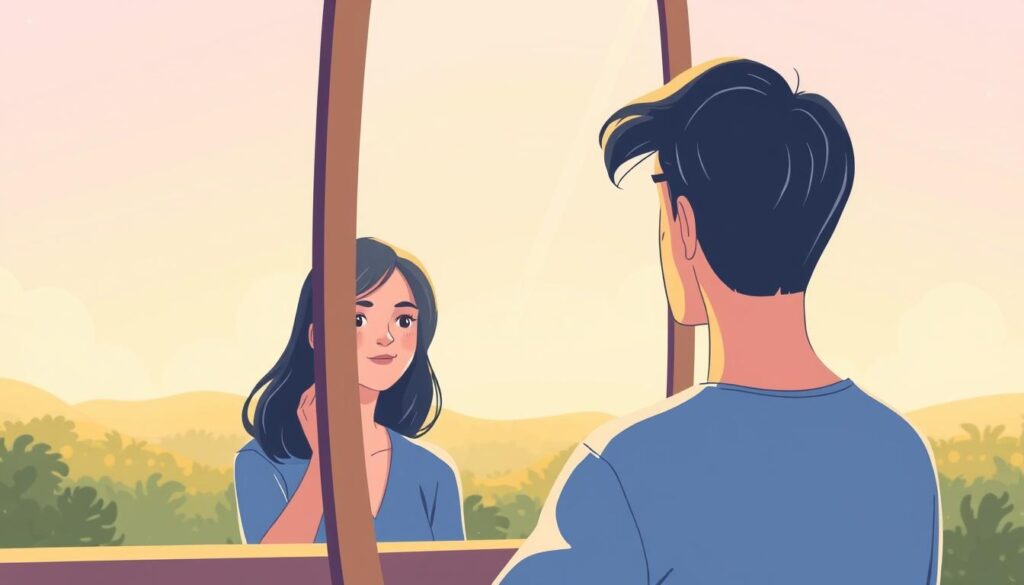 a beautiful, bright, and positive illustration of a person looking at themselves in the mirror, with a warm, encouraging expression on their face. The foreground shows the person's reflection, with a calm and thoughtful gaze, and a subtle, introspective smile. The middle ground features a calming, natural environment, with soft, diffused lighting and a serene, reflective atmosphere. The background has a subtle, gradient-based color scheme, conveying a sense of inner growth, self-acceptance, and personal development. The overall scene captures the essence of identifying areas for improvement through the lens of positive psychology, inspiring a sense of self-reflection and personal empowerment. a beautiful, bright, and positive illustration of a person looking at themselves in the mirror, with a warm, encouraging expression on their face. The foreground shows the person's reflection, with a calm and thoughtful gaze, and a subtle, introspective smile. The middle ground features a calming, natural environment, with soft, diffused lighting and a serene, reflective atmosphere. The background has a subtle, gradient-based color scheme, conveying a sense of inner growth, self-acceptance, and personal development. The overall scene captures the essence of identifying areas for improvement through the lens of positive psychology, inspiring a sense of self-reflection and personal empowerment.