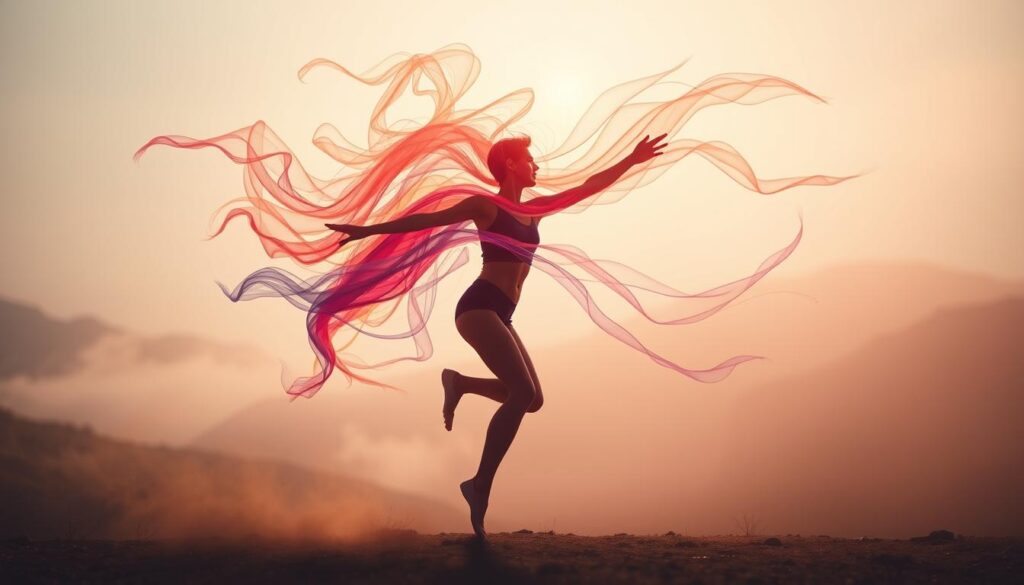 a dynamic, flowing composition capturing the experience of being in a state of focused, effortless concentration during exercise. A figure in the foreground is depicted in mid-movement, their limbs and body seamlessly blending into a swirling, ethereal flow of vibrant colors and energy lines. The background is a hazy, dreamlike landscape, with a sense of weightlessness and boundless space. Soft, warm lighting emanates from the figure, creating a sense of inner luminescence and connection with the surrounding environment. The overall mood is one of transcendent focus, balance, and creative flow, reflecting the profound mental and physical synergy experienced during intense physical activity. a dynamic, flowing composition capturing the experience of being in a state of focused, effortless concentration during exercise. A figure in the foreground is depicted in mid-movement, their limbs and body seamlessly blending into a swirling, ethereal flow of vibrant colors and energy lines. The background is a hazy, dreamlike landscape, with a sense of weightlessness and boundless space. Soft, warm lighting emanates from the figure, creating a sense of inner luminescence and connection with the surrounding environment. The overall mood is one of transcendent focus, balance, and creative flow, reflecting the profound mental and physical synergy experienced during intense physical activity.