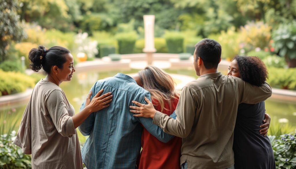 a serene and calming scene depicting mental health awareness, with a warm and supportive atmosphere. In the foreground, a group of diverse individuals are embracing and comforting each other, their expressions conveying understanding and empathy. In the middle ground, a serene garden or natural setting with lush greenery and a calming water feature, creating a sense of tranquility. In the background, a soft, diffused light illuminates the scene, casting a gentle glow and emphasizing the themes of connection, healing, and emotional well-being. a serene and calming scene depicting mental health awareness, with a warm and supportive atmosphere. In the foreground, a group of diverse individuals are embracing and comforting each other, their expressions conveying understanding and empathy. In the middle ground, a serene garden or natural setting with lush greenery and a calming water feature, creating a sense of tranquility. In the background, a soft, diffused light illuminates the scene, casting a gentle glow and emphasizing the themes of connection, healing, and emotional well-being.